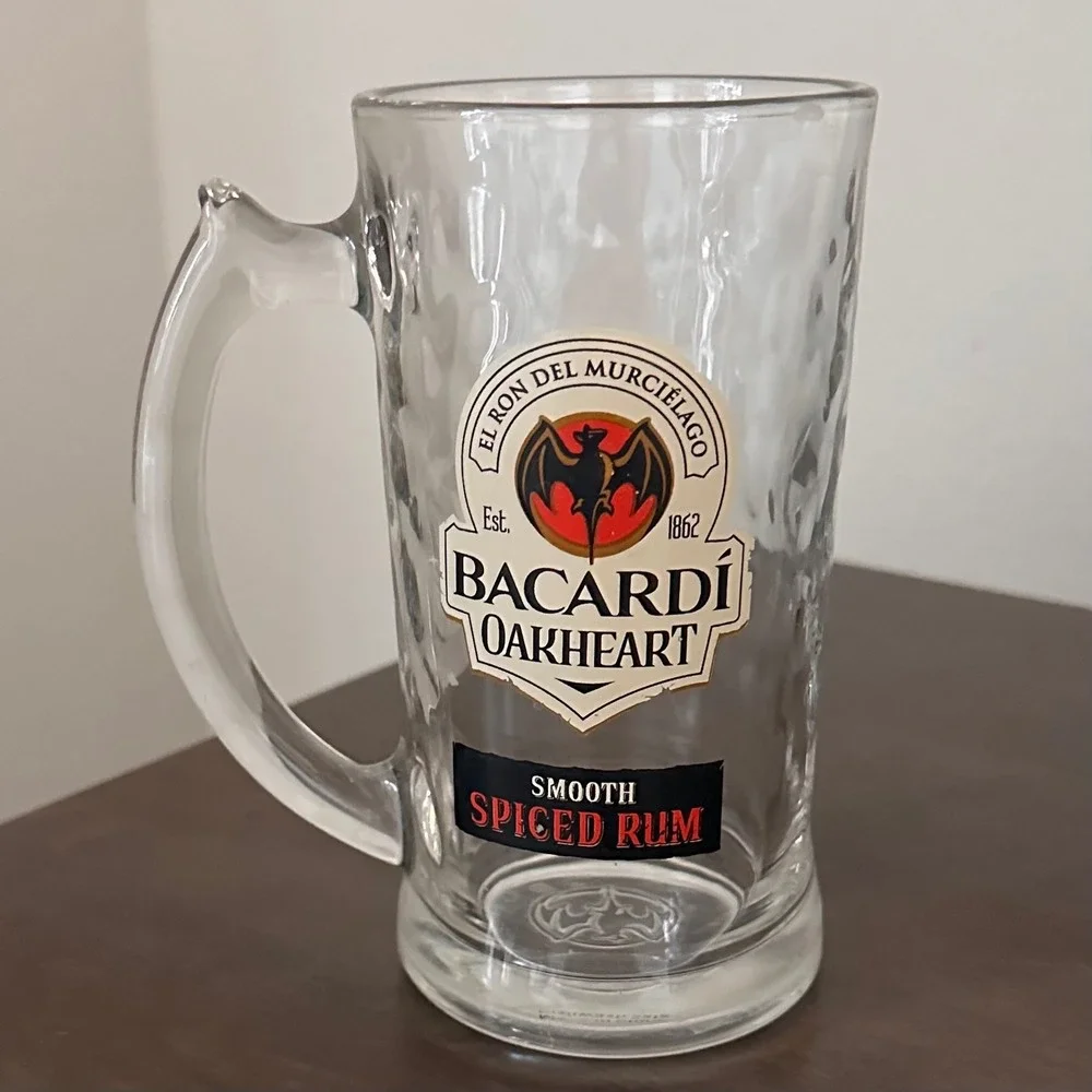 Bacardi Oakheart Spiced Rum Glass Beer Mug Stein Textured Handle‎